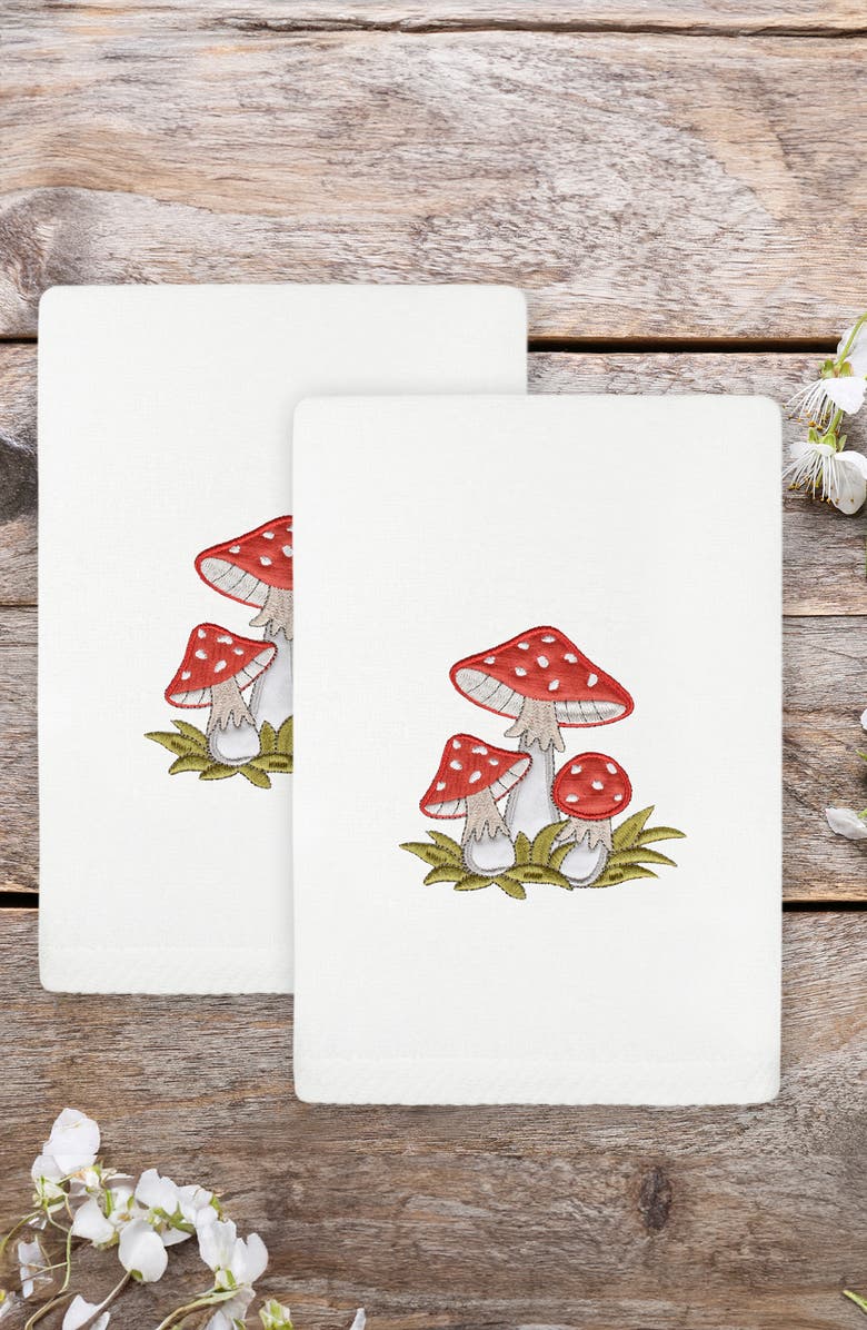 Linum Home Textiles Set of 2 Spring Mushrooms Embroidered Turkish Cotton Hand Towels, Alternate, color, White