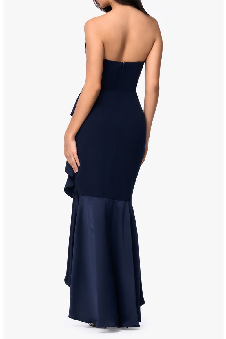 Satin Ruffle Detail Strapless Scuba Crepe Corset Gown, Alternate, color, NAVY