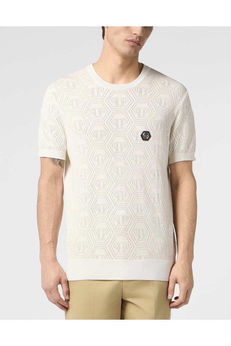 Round Neck T-Shirt Openwork Monogram Men, Main, color, OffWhite