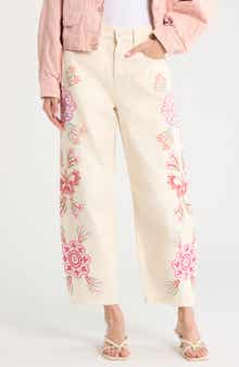 Floral Embroidery Barrel Leg Jeans