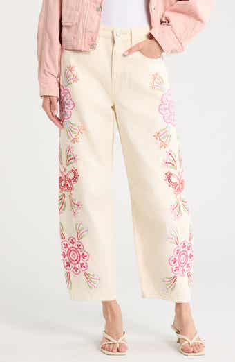 Floral Embroidery Barrel Leg Jeans