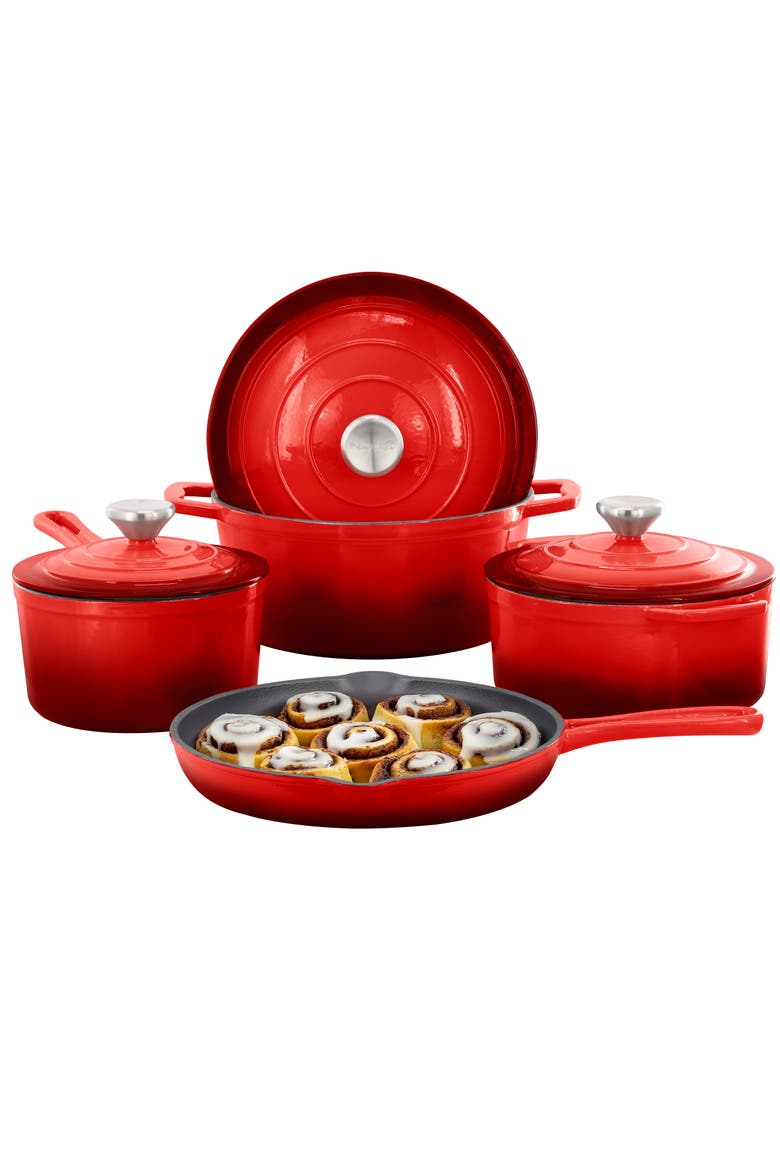 7 Piece Enameled Cast Iron Cookware Set, Main, color, Red