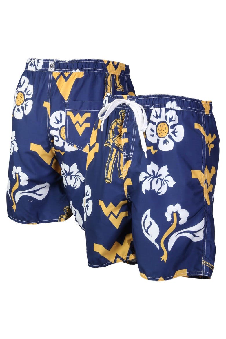 Men's Wes & Willy Navy West Virginia Mountaineers Floral Volley Logo Swim Trunks, Main, color, Navy