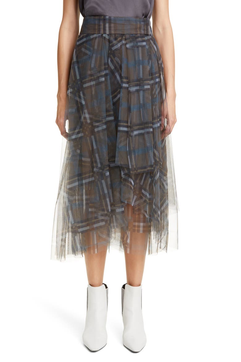 Check Print Tulle Midi Skirt, Main, color, LAGOON BRASS