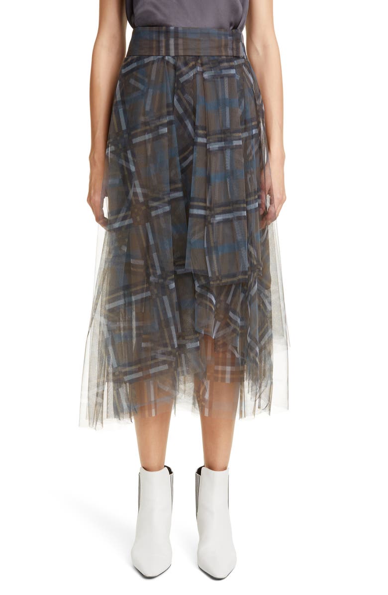 Brunello Cucinelli Check Print Tulle Midi Skirt, Main, color,