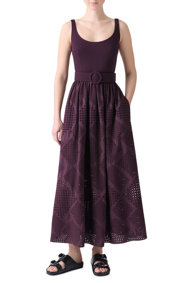 Mixed Media Diamond Eyelet Belted Midi Dress, Alternate, color, BLACKBERRY
