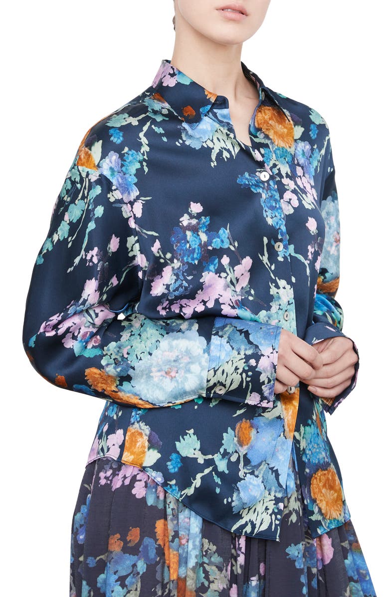 Vince Painted Bouquet Long Sleeve Silk Button-Up Shirt, Alternate, color, Coastal