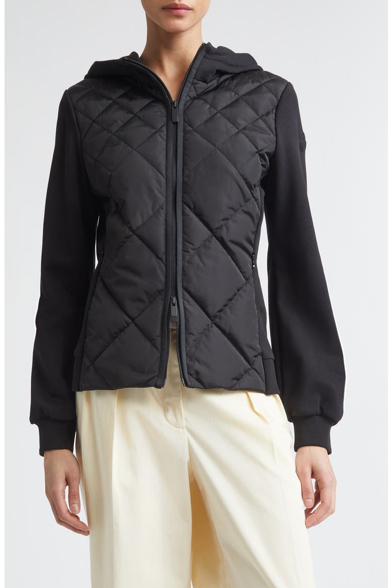 Mixed Media Hooded Zip Down Cardigan, Main, color, BLACK