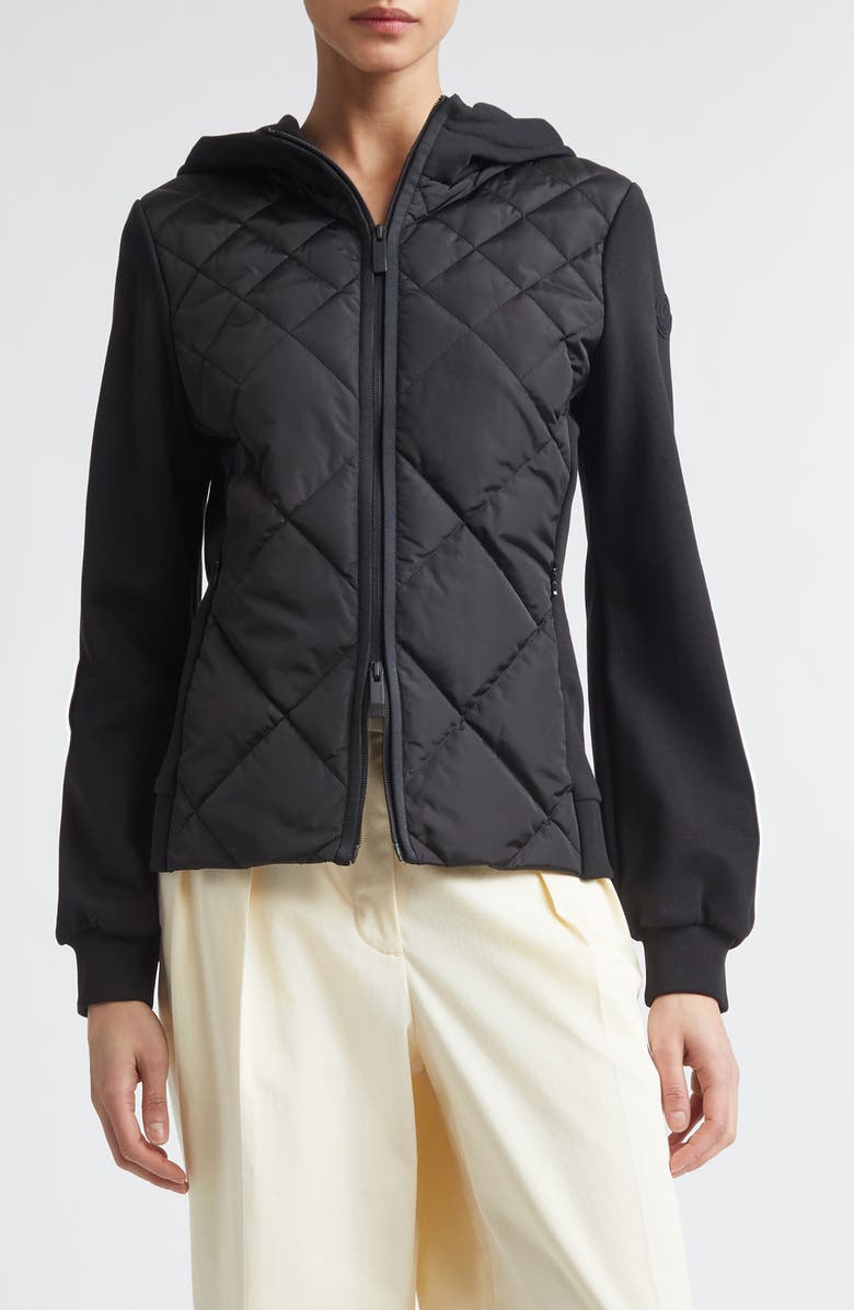 Moncler Mixed Media Hooded Zip Down Cardigan, Main, color, Black