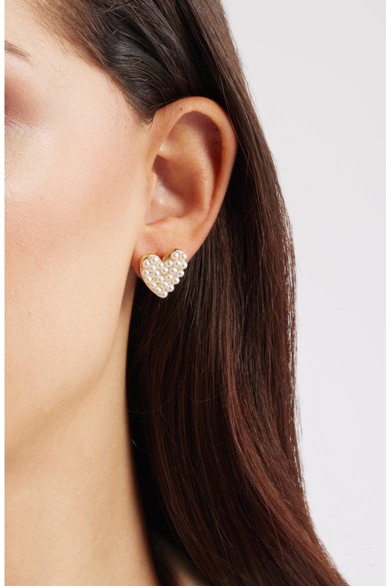 Faux Pearl Heart Stud Earrings, Alternate, color, WHITE- GOLD