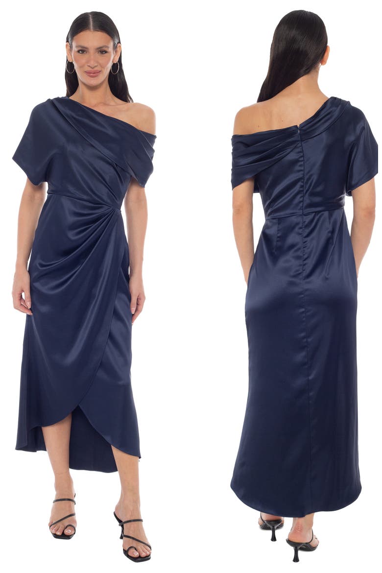 Twill Stretch Satin One-Shoulder Gown, Alternate, color, NAVY