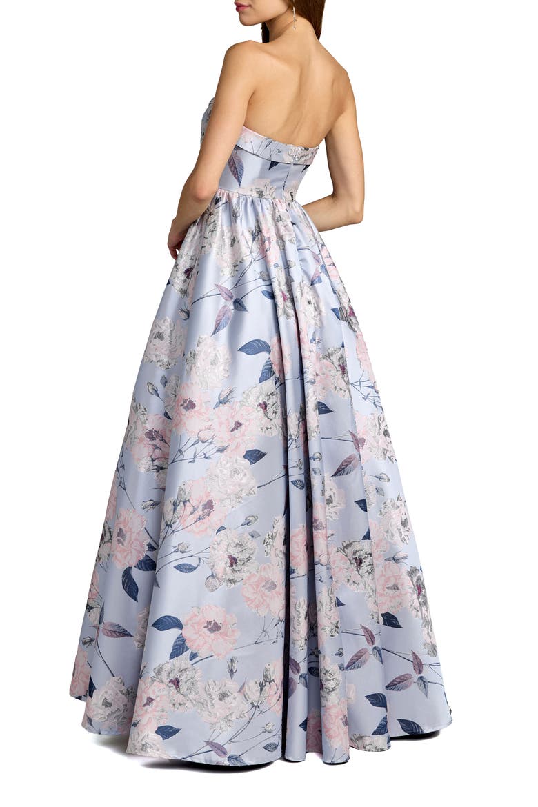 Floral Brocade Strapless A Line Ballgown, Alternate, color, Blue Multi