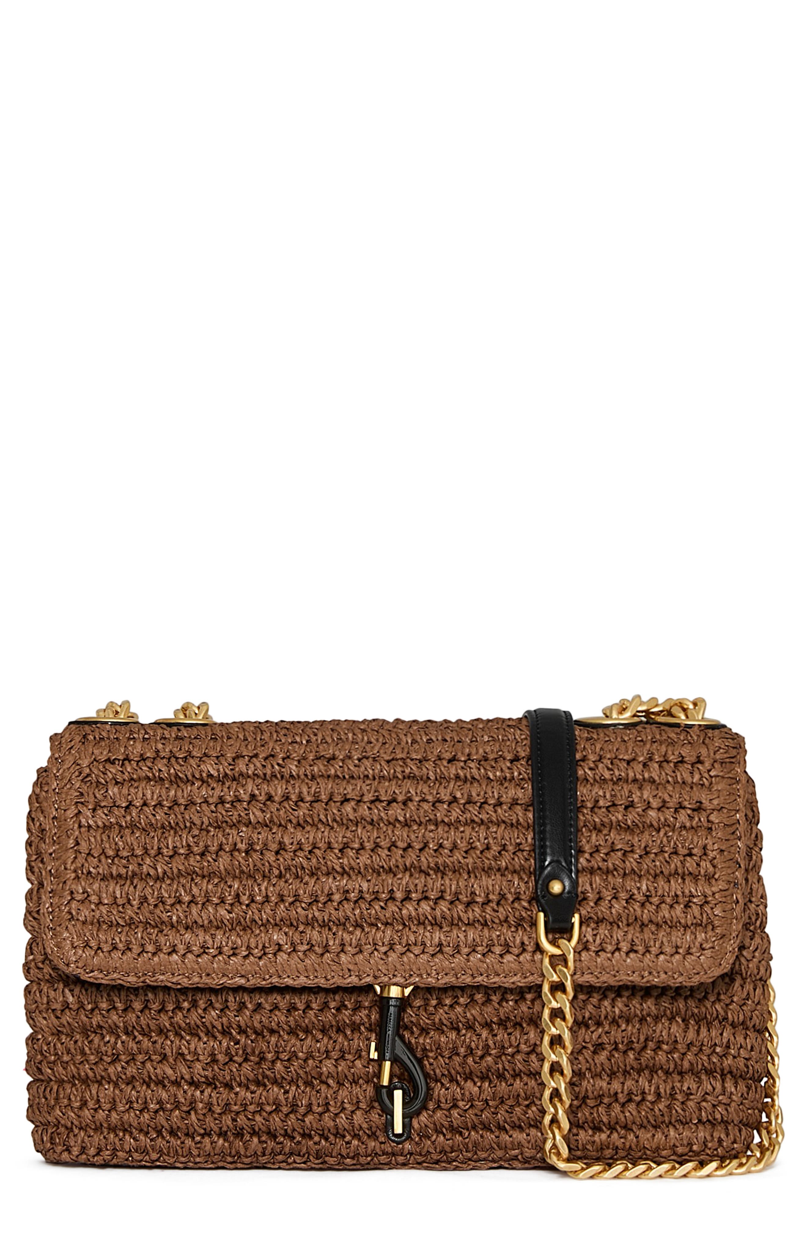 Rebecca Minkoff Medium Edie Crocheted Straw Crossbody Bag, Main, color, Tawny/ Black