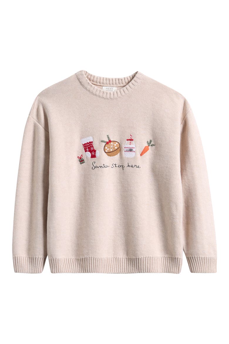 Kids' Santa Stop Here Embroidered Cotton Sweater, Main, color, CREAM