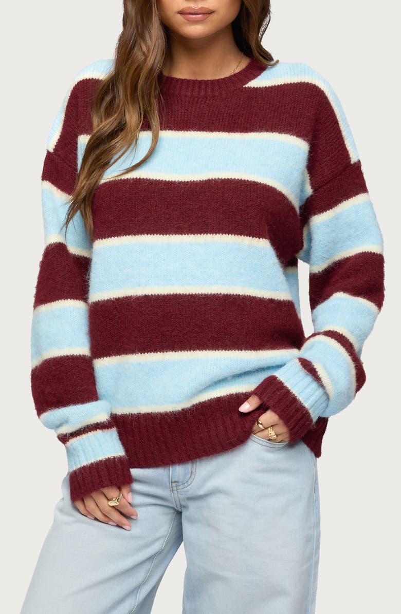 EDIKTED Conrad Stripe Sweater, Main, color, Burgundy-And-Blue