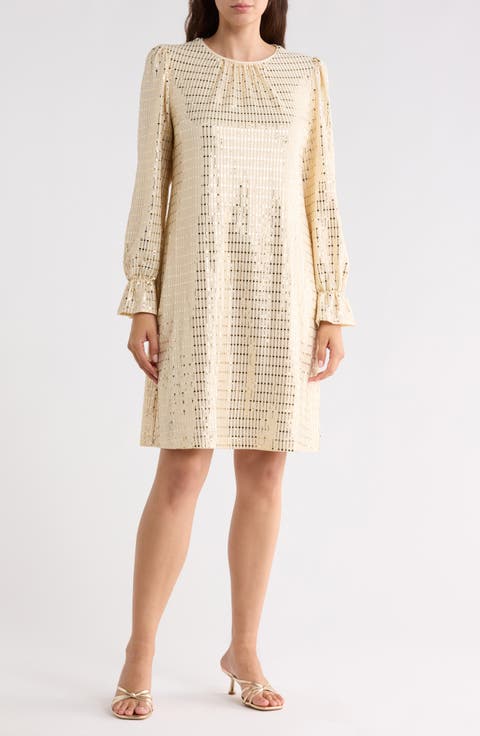 Metallic Long Sleeve Shift Dress