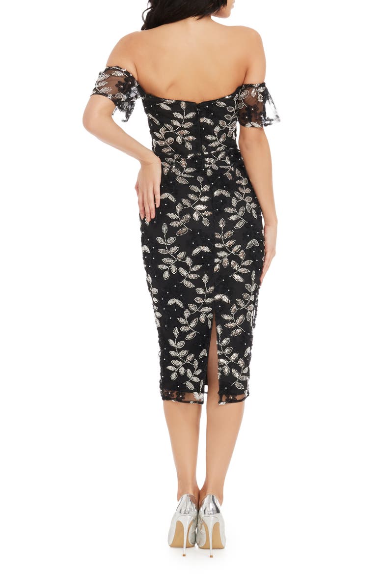 Tara Sequin & Beaded Off the Shoulder Cocktail Dress, Alternate, color, BLACK-SILVER