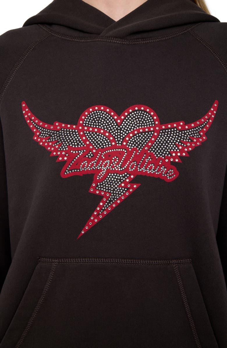 Zadig & Voltaire Georgy Heart Wings Strass Crystal Embellished Cotton Graphic Hoodie, Alternate, color, Carbone