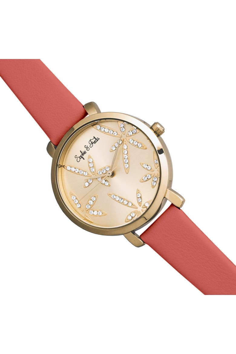 Sophie & Freda Key West Leather-Band Watch w/Swarovski Crystals, Alternate, color, Gold/Dark Pink