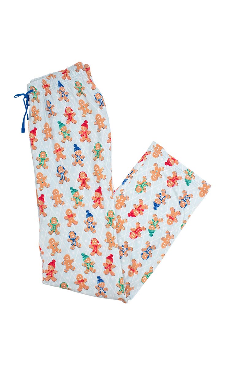 RuffleButts SoftSnooze Unisex Holiday Adult Pajama Pants, Main, color, Blue Gingerbread Buddies