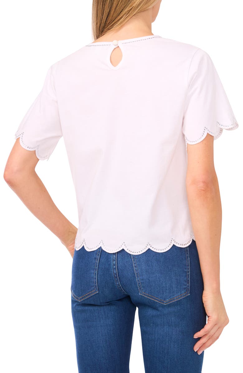CeCe Embellished Scalloped Trim Jersey Top, Alternate, color, Ultra White