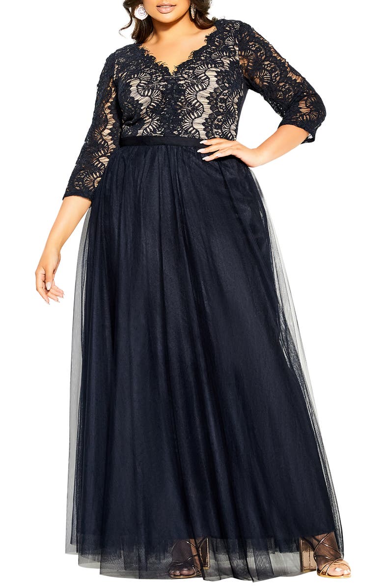 City Chic V-Neck Lace & Tulle Gown, Main, color, 