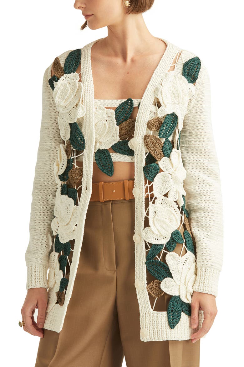 Magnolias Crochet Cotton Cardigan, Main, color, IVORY MULTI