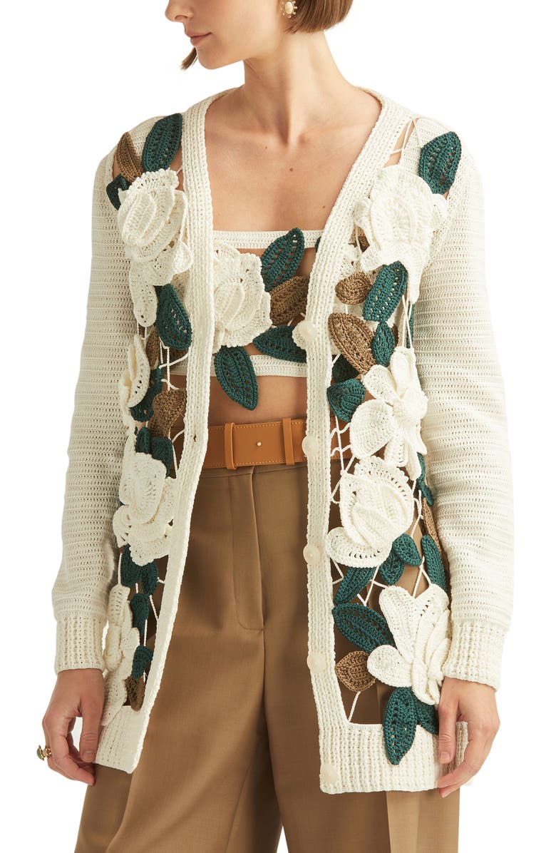 Oscar de la Renta Magnolias Crochet Cotton Cardigan, Main, color,
