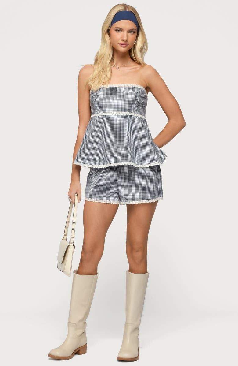 EDIKTED Ellie Lace Gingham Strapless Top, Alternate, color,