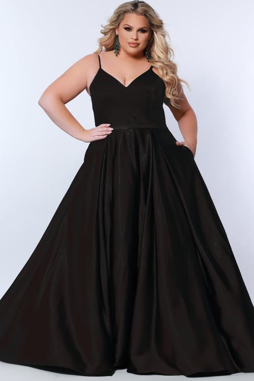 Sydney's Closet Satin A-line V-neck Plus Size Evening Gown In Black