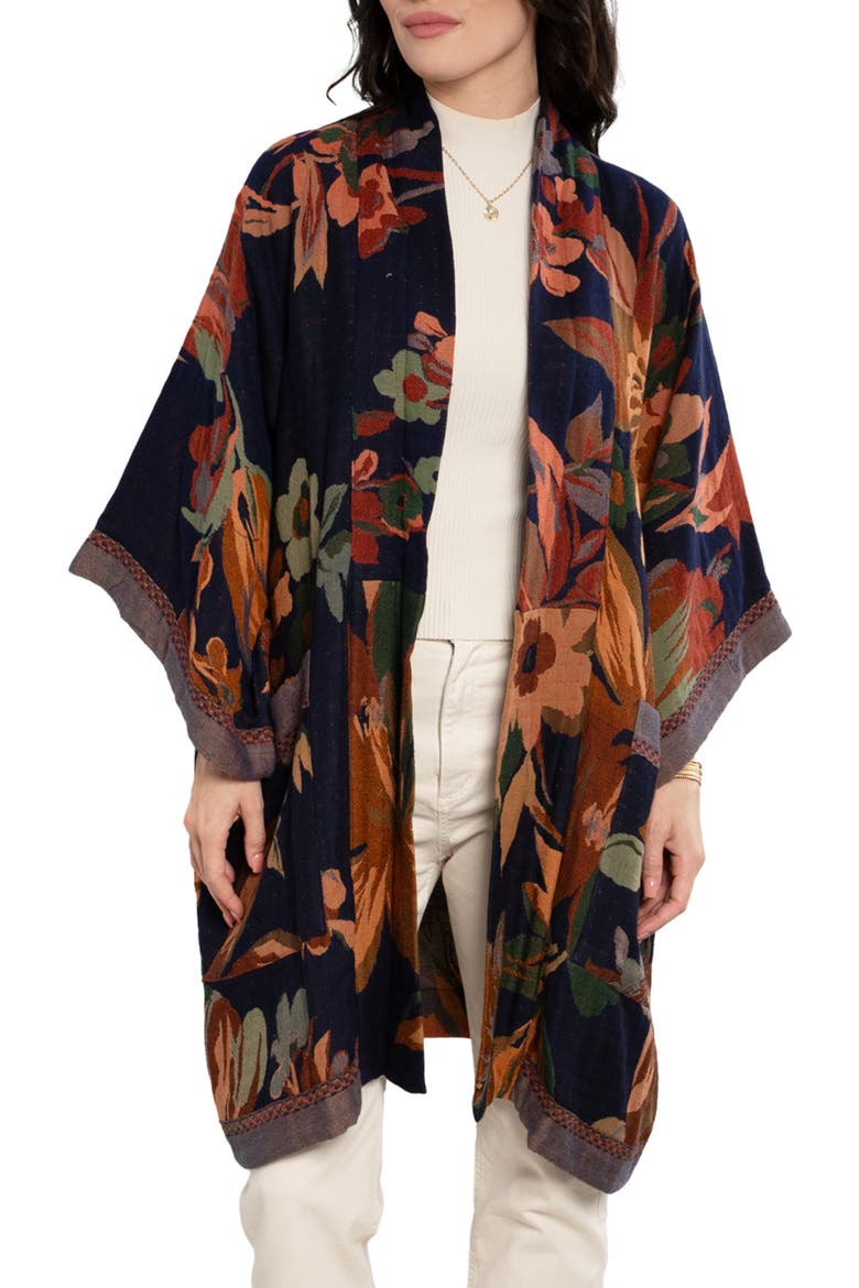 Midnight Maple Floral Ruana, Main, color, NAVY