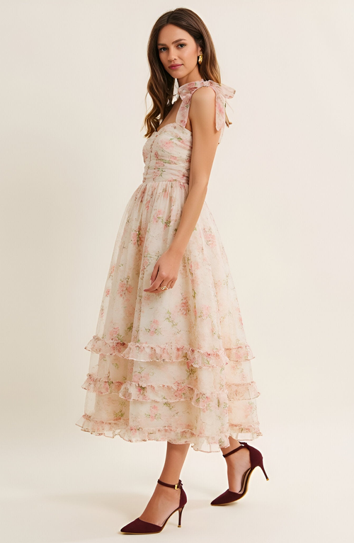 Modenaire Floral Tie-shoulder Ruched Bodice Tiered Midi Dress In Neutral