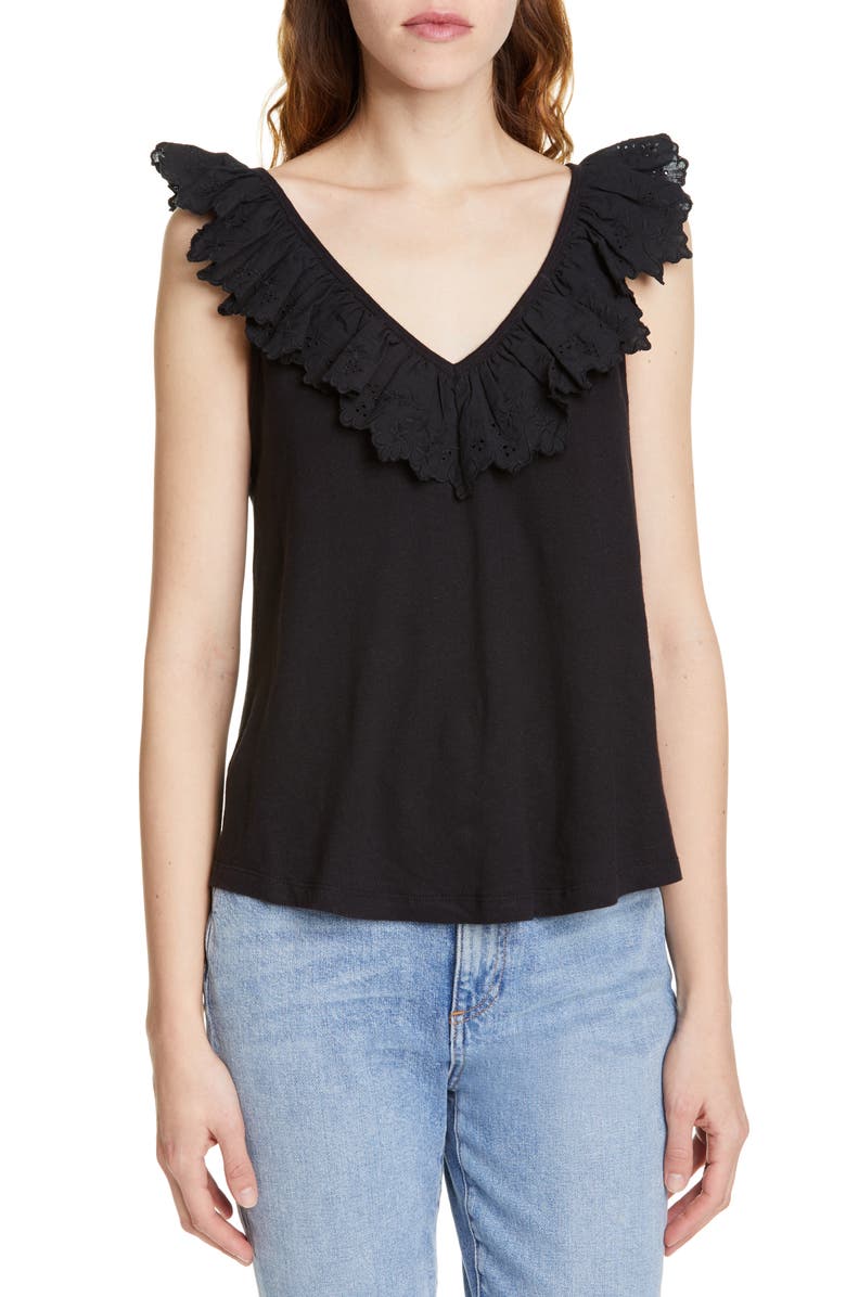 La Vie Rebecca Taylor Embroidered Ruffle Linen & Cotton Top, Main, color, 