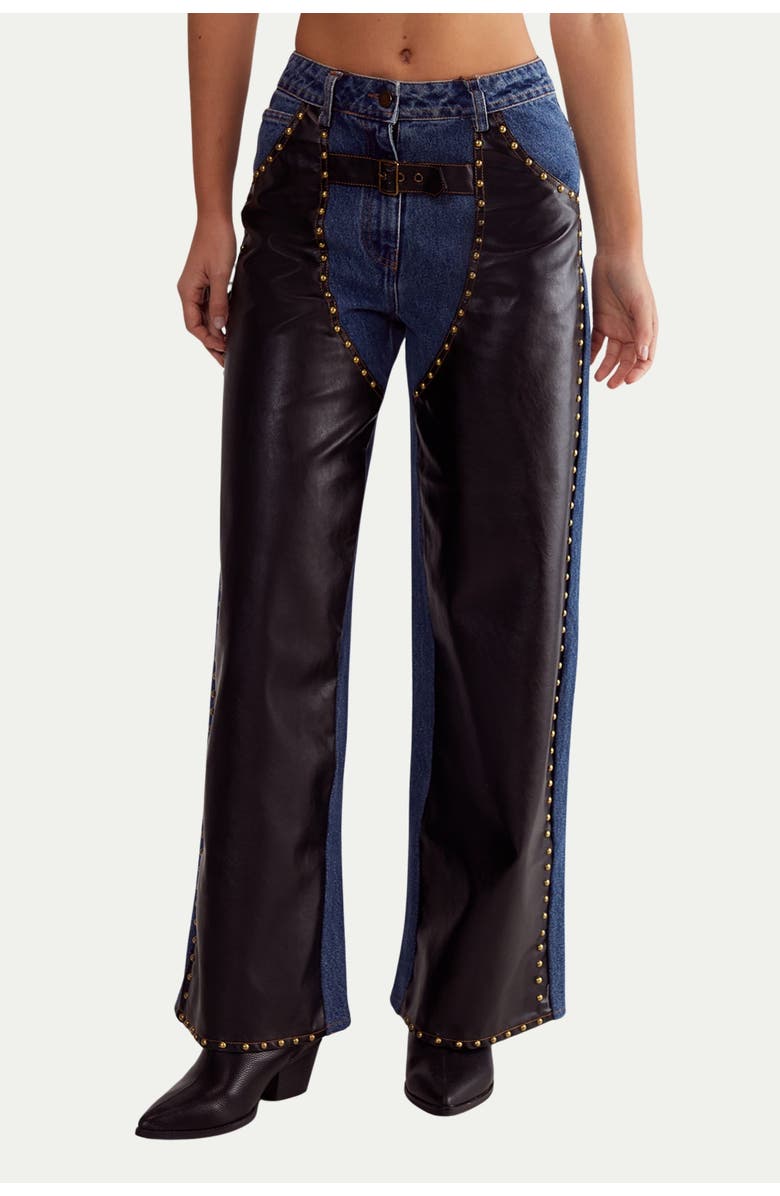 NASTY GAL Straight Leg Denim Pu Mix Chap Jeans, Main, color, Dark Wash