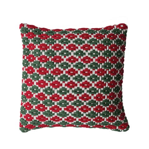 Cotton Chindi Pillow with Pattern, Natural, Green & Red
