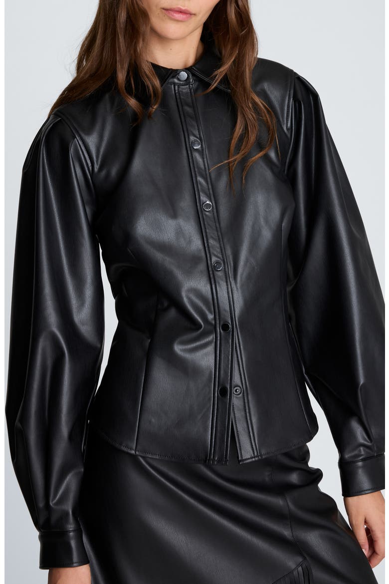 Pleated Faux Leather Snap Front Top, Main, color, BLACK
