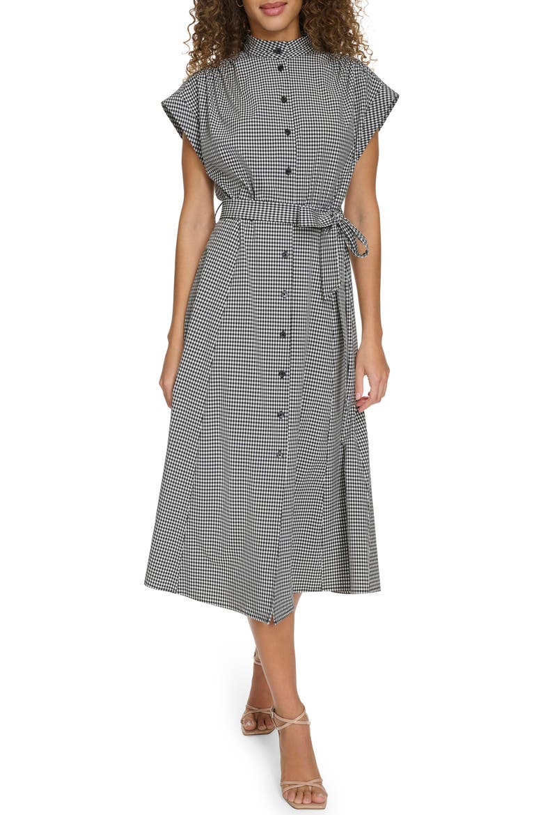Mini Gingham Check Short Sleeve Shirtdress, Main, color, BLACK/WHITE