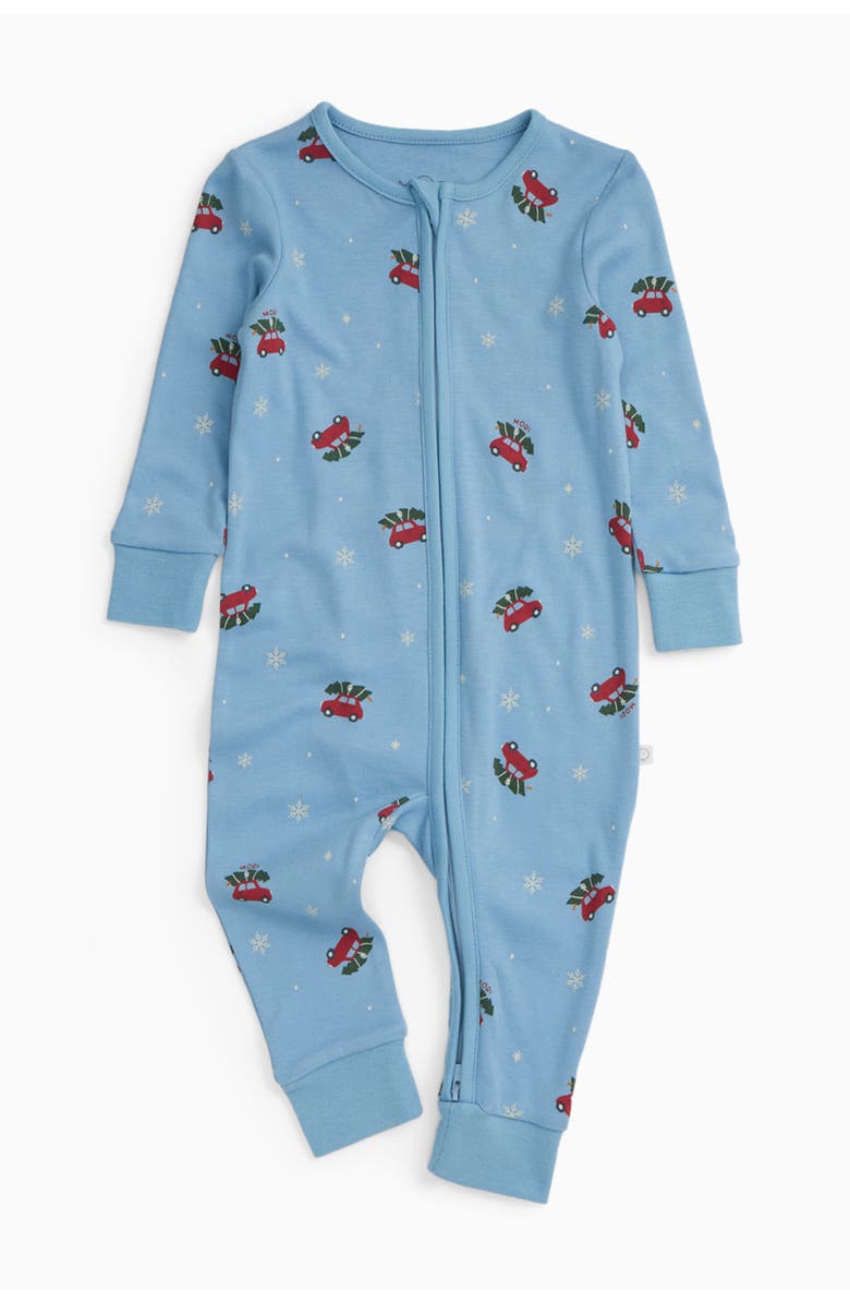 MORI Snowy Car Two Way Zip-Up Romper, Main, color, Christmas Car Print