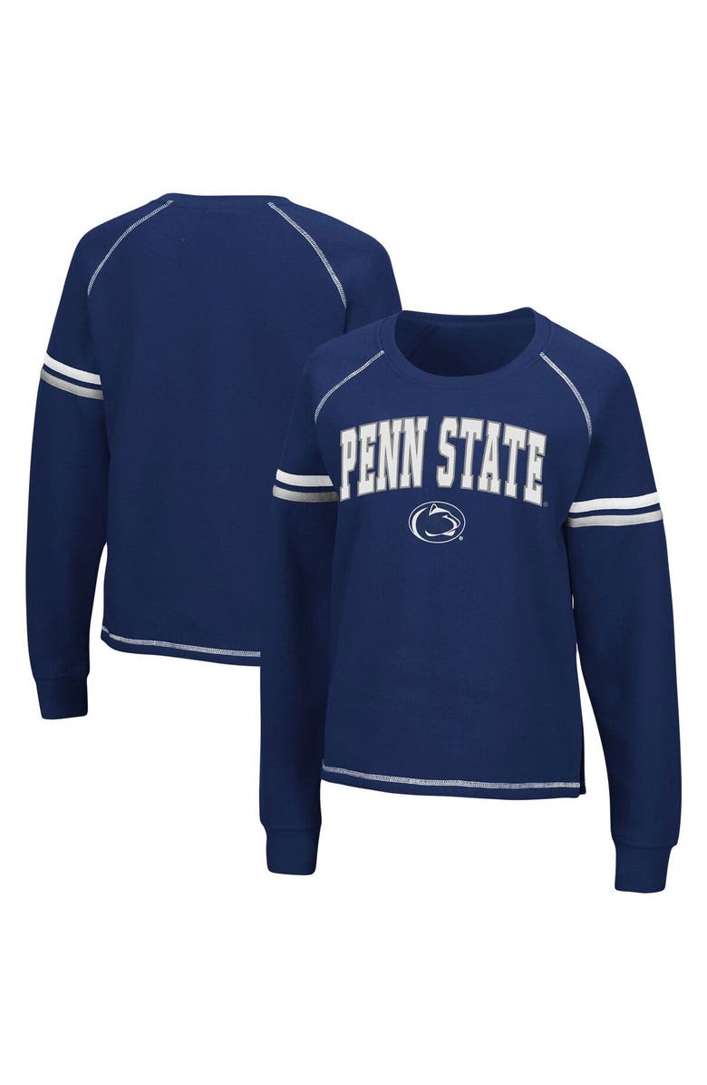 COLOSSEUM Women's Colosseum Navy Penn State Nittany Lions Sweep Pass Sleeve Stripe Raglan Pullover Sweatshirt, Main, color, 