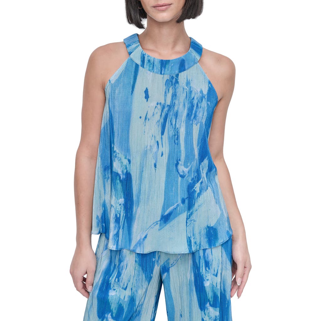 Dkny Abstract Print Sleeveless Plissé Top In Maculate Marble
