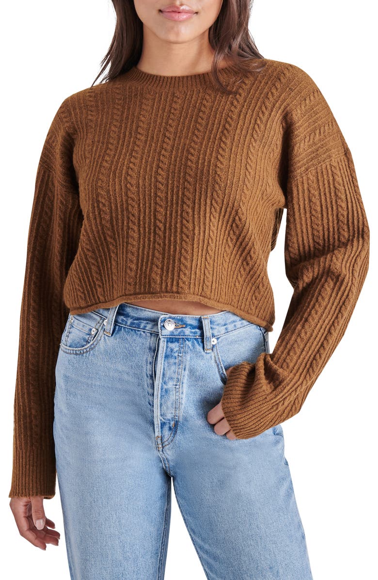 Steve Madden Aerin Cable Crew Sweater, Main, color, Tan