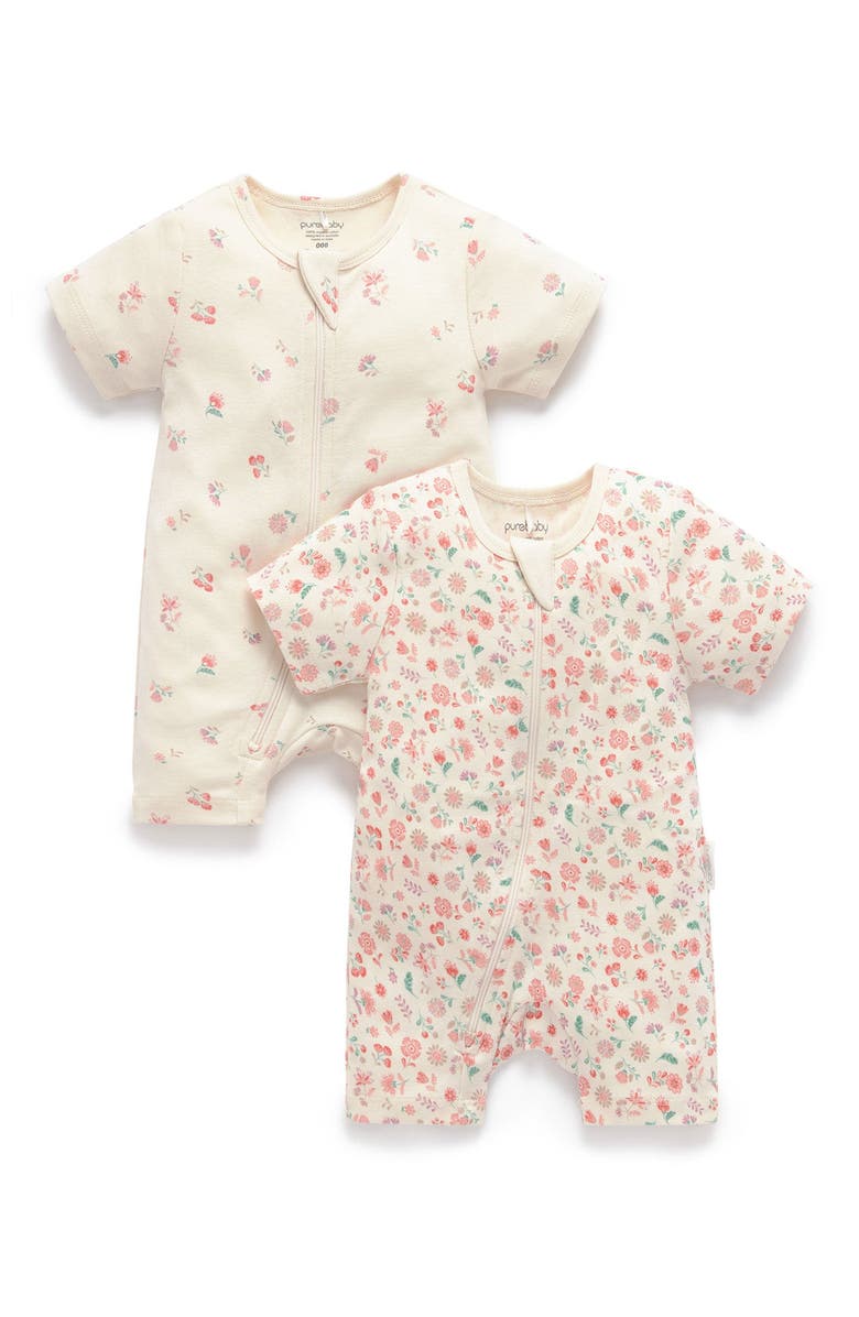 Purebaby 2 Pack Short Sleeve Zip Romper Floral, Main, color, Emilia Print