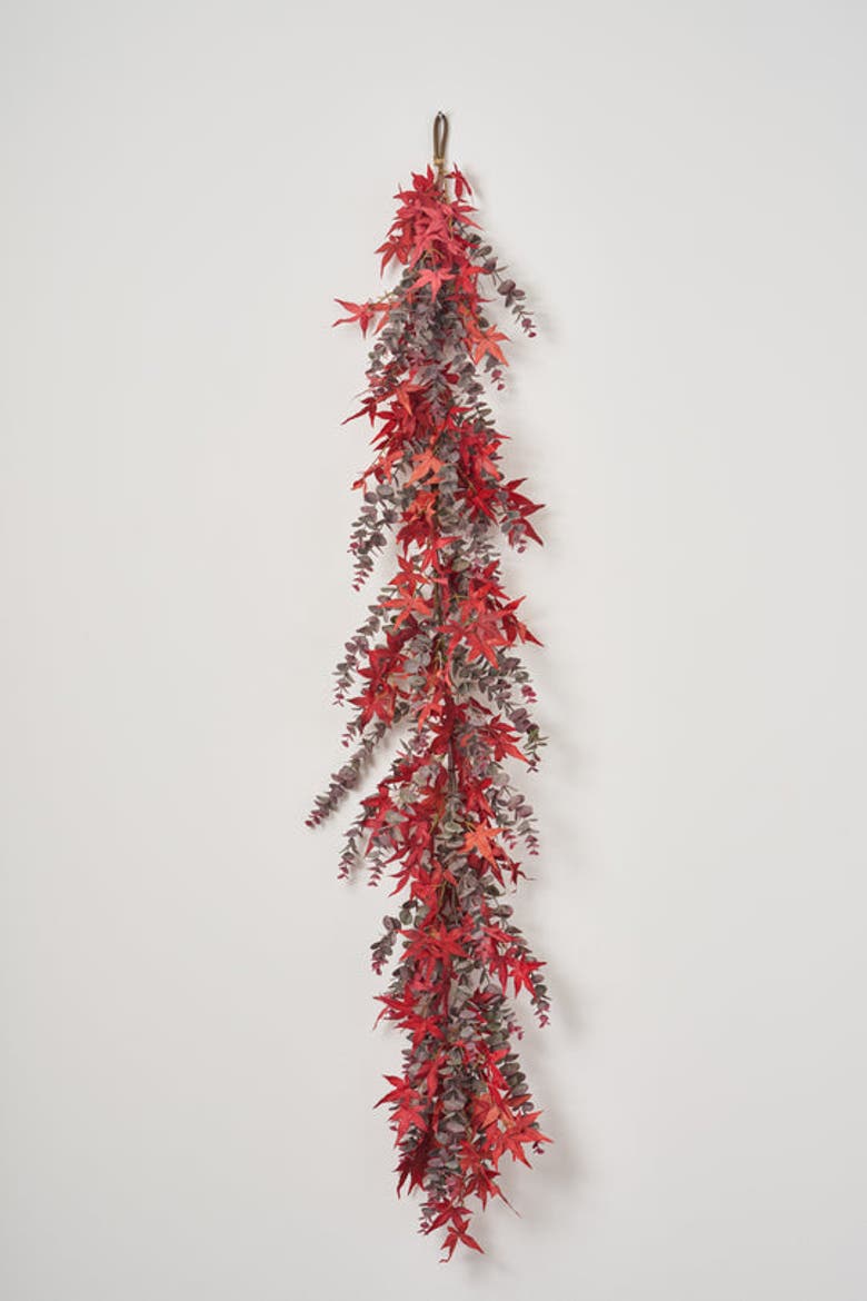 Autumn Evenings - Red Japanese Maple Leaf & Dusty Wine Botanical Eucalyptus Fall Mantle Garland Table Runner, Alternate, color, Red