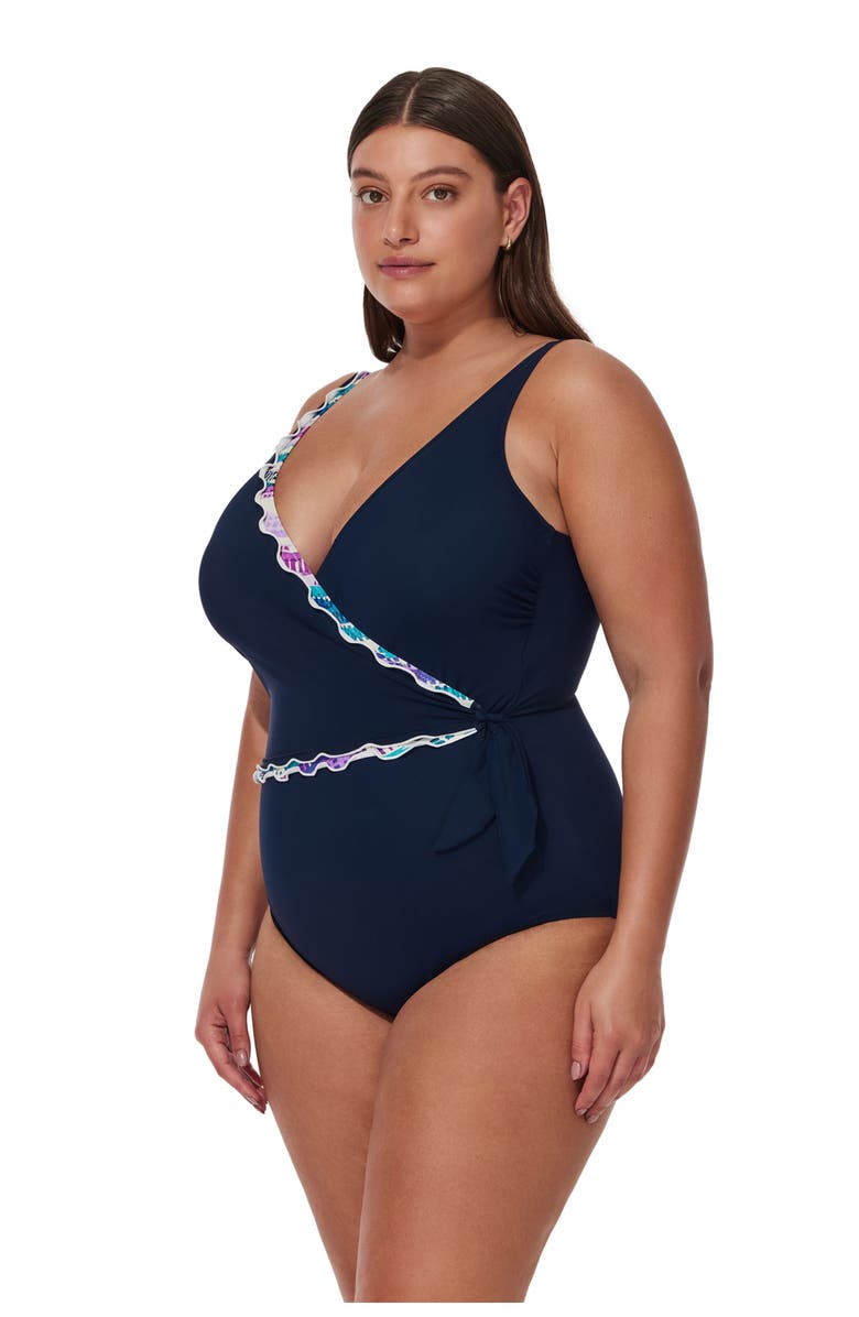 Profile by Gottex Canva Plus Size Tricolore V Neck Surplice One Piece, Alternate, color, Navy