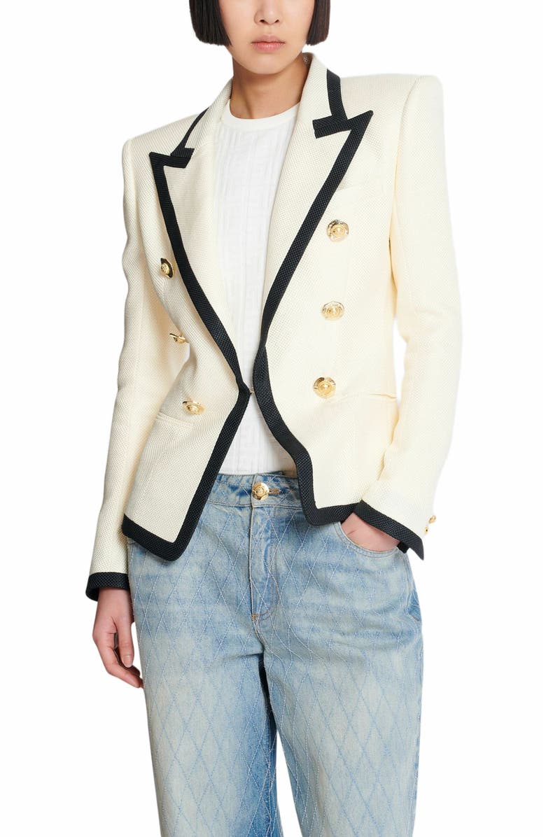 Balmain Fitted Two-Tone Basketweave Jacket, Alternate, color, Beige