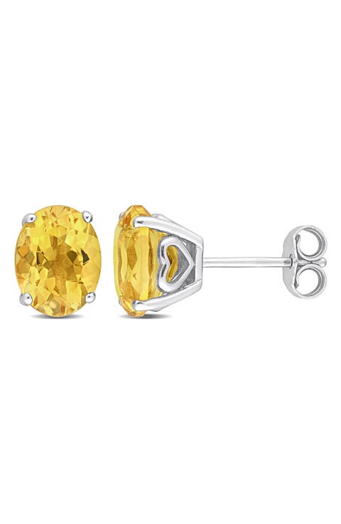 Sterling Silver Lab-Created Citrine Oval Stud Earrings