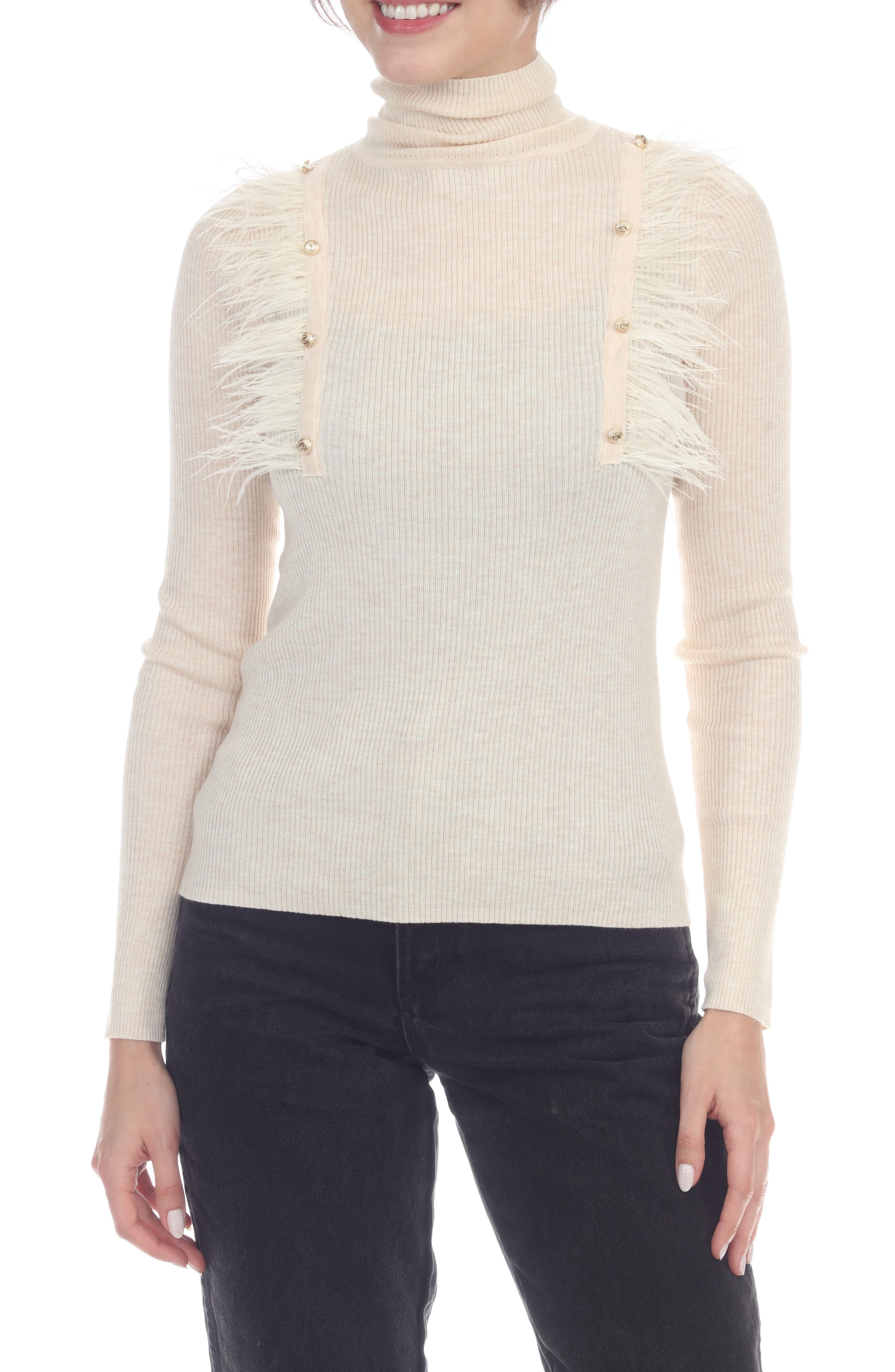 Feather Trim Rib Turtleneck Top