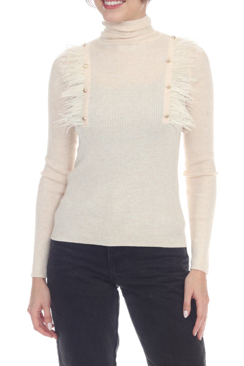 Feather Trim Rib Turtleneck Top, Main, color, IVORY
