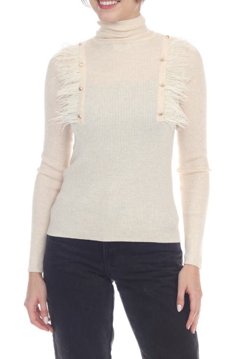 Feather Trim Rib Turtleneck Top