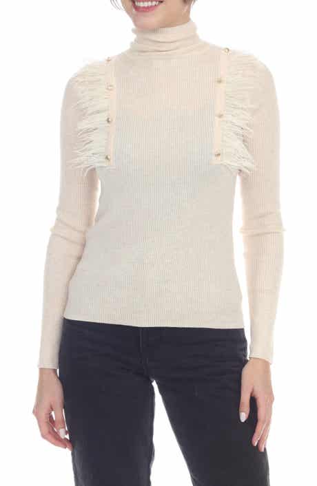 Feather Trim Rib Turtleneck Top